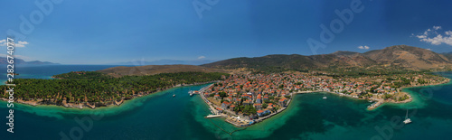 Aerial drone photo from picturesque seaside fishing village and port of historic Galaxidi, Fokida, Greece