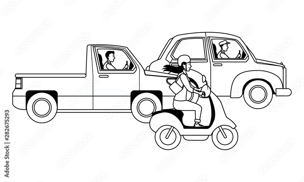 Naklejka premium Vehicles and motorcycle with drivers riding in black and white
