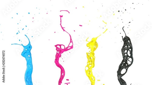 cmyk splashes in extreme slow motion, isolated on white (FULL HD)