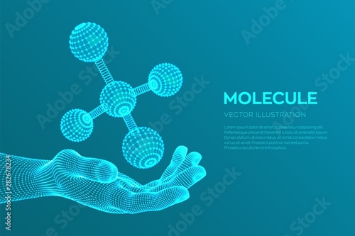Molecule in hand. Dna, atom, neurons. Molecules and chemical formulas. 3D Scientific molecule background for medicine, science, technology, chemistry, biology. Vector illustration.