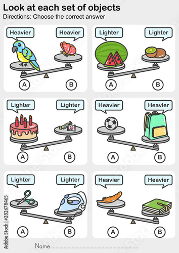 Weight measurement worksheet - Look at each set of objects. - Choose the correct answer. - Worksheet for education.