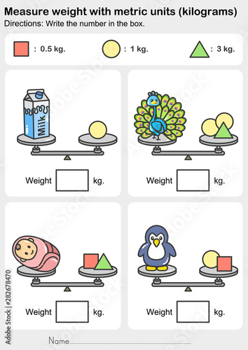 Weight measurement worksheet - Measure weight with metric units (kilograms). - Write the number in the box. - Worksheet for education.