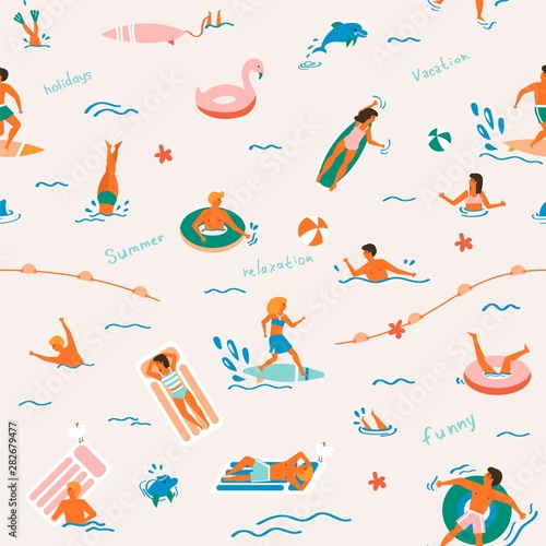 Summer time beach pattern in vector. People swimming, have a fun, sunbathing and relaxing in the ocean.