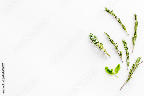 Healing herbs for medicine on white background top view mockup