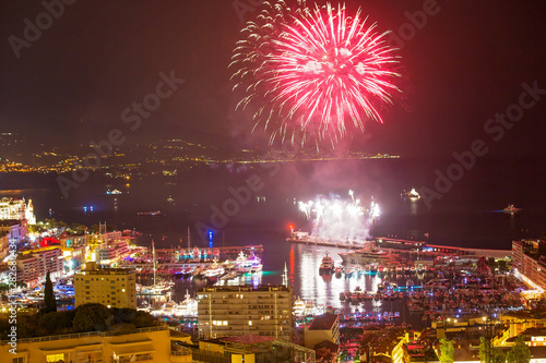 Panoramic lovely view of fireworks on the Principality of Monaco