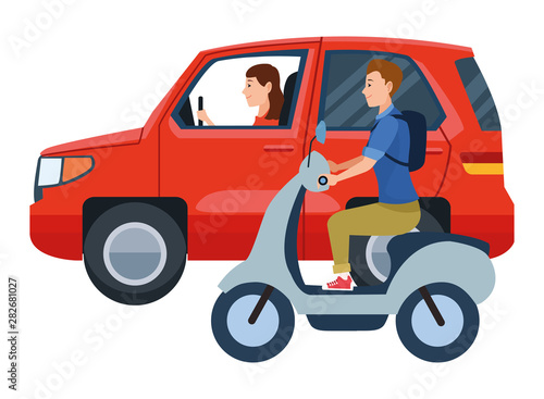 Vehicle and motorcycle with drivers riding