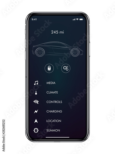 Smart car control app mobile interface vector template. Smartphone application page design layout. Autonomous remote controller flat gradient UI screen. Vehicle feature, settings phone display
