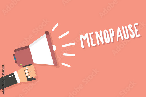Text sign showing Menopause. Conceptual photo Period of permanent cessation or end of menstruation cycle Man holding megaphone loudspeaker pink background message speaking loud photo