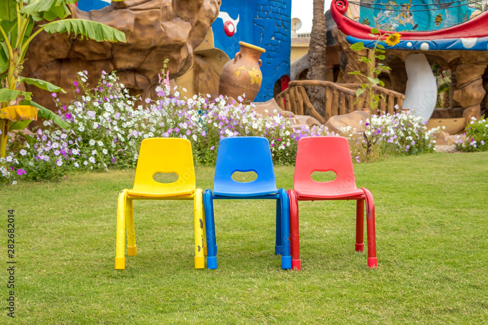 Colorful Chairs: yellow chair, blue chair and red chair