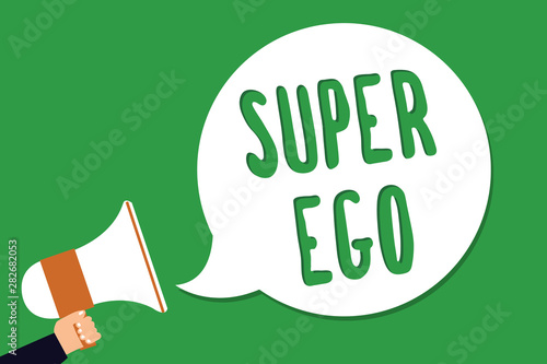 Conceptual hand writing showing Super Ego. Business photo showcasing The I or self of any person that is empowering his whole soul Man holding megaphone loudspeaker screaming green background photo