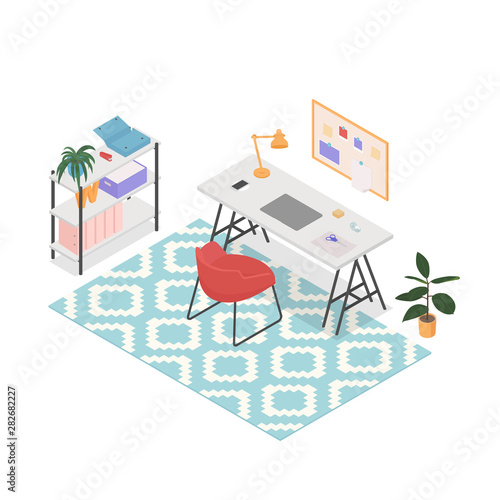 Isometric modern home office on white. Vector illustration in flat design, isolated.