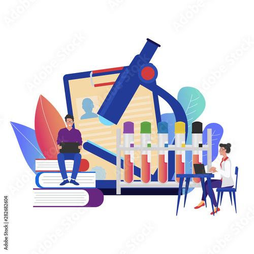 Donorship, world blood donor day concept vector with tiny doctors, blood drop, microscope, Blood in tubes.. Medical illustration on June 14. Vector illustration for website, landing page, app, banner.