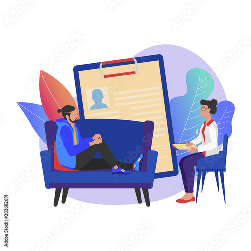 Psychology service, consultation talking to psychologist, private counseling, family psychology concept. Psychologist woman and young man patient in therapy session in cabinet.