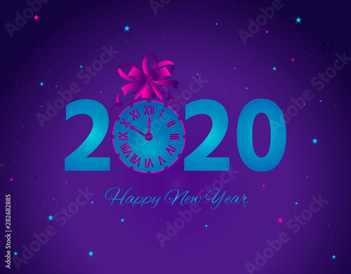Happy New Year 2020 banner. Neon numbers and clock on dark background. Vector Illustration can use for background, greeting card.