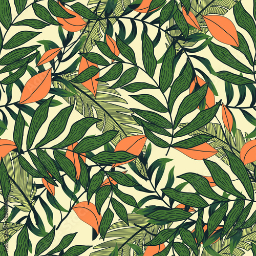 Trend abstract seamless pattern with colorful tropical leaves and plants on beige background. Vector design. Jungle print. Floral background. Printing and textiles. Exotic tropics. Summer.