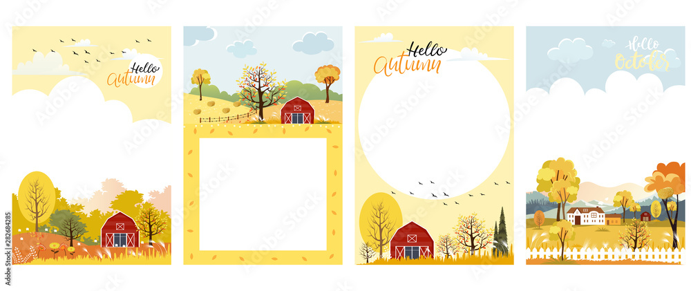 Set of Cute cartoon Autumn landscape farm fild with copy space, Vector Hello Autumn with forest tree, Autumn or Fall season for Banner, Sale, Card and template background
