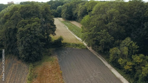 road in the forest and the fields at the countryside drone aerial shot darker mood