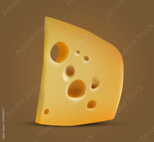 A piece of cheese with holes of various shapes and depths. 3D vector. High detailed realistic illustration.