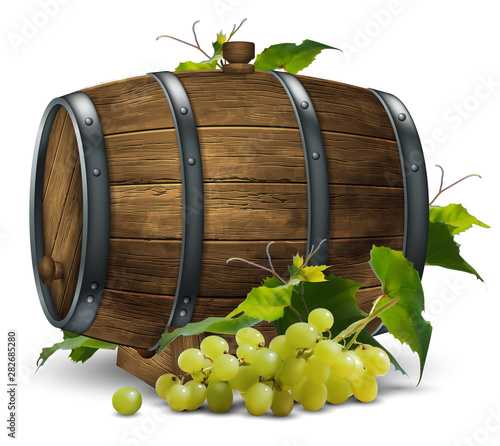 Wooden wine barrel and vine with a bunch of grapes. 3D vector. High detailed realistic illustration.