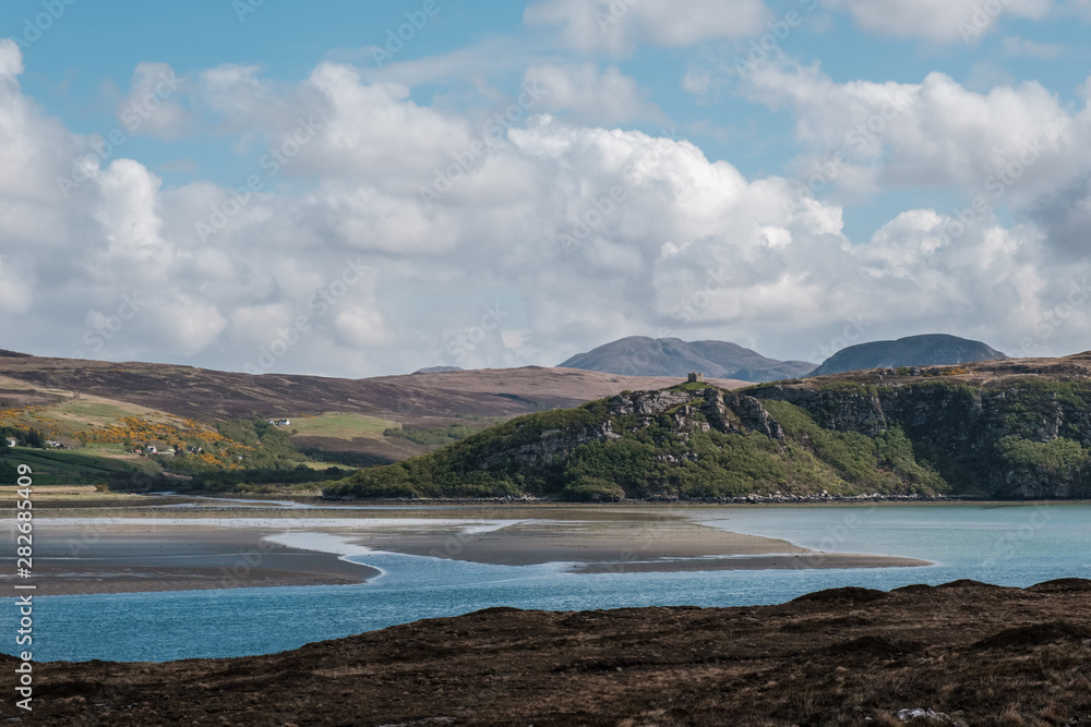 Castle Bharrich overlooks Kyle of Tongue in Scotland