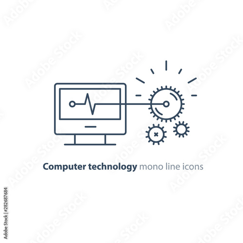 Diagnostic system, engine test, software integration, data processing line icon