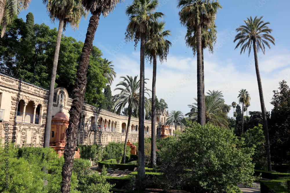 Seville / Spain – September 15 2018: View of the gardens of the Alcazar palace