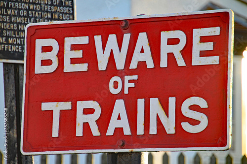 WEST SOMERSET RAILWAY, BLUE ANCHOR, SOMERSET - NOVEMBER 11TH 2012: A warning sign at Blue Anchor station saying Beware of trains