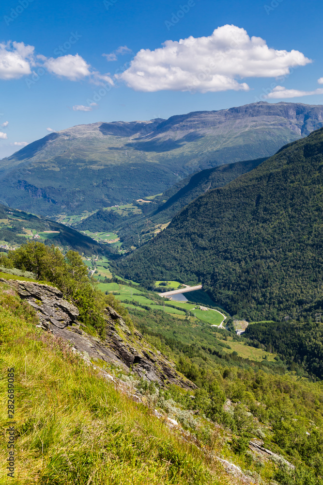 Naklejka premium Panoromic view of the National Norwegian Scenic route Gaularfjellet between Myrkdalen and Vik in Norway Scandinavia (n13)