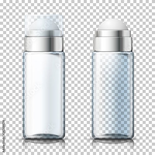 Vector 3d realistic transparent deodorant bottles with plastic transparent cap, open and closed. Mock-up for product package branding.