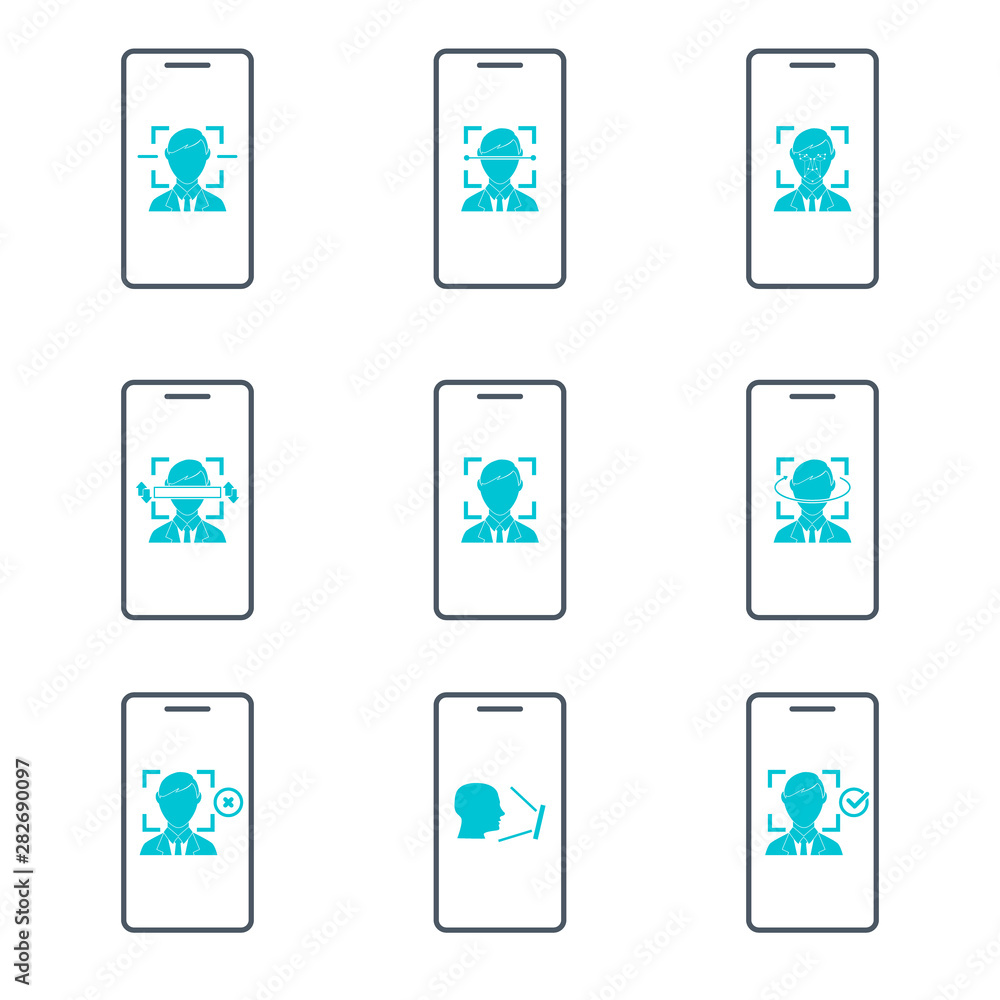 Face, facial recognition system icon set. Biometric identification. Smartphone and computer scans a person face symbol. Face, facial recognition system icon set. Biometric identification. Smartphone and computer scans a person face symbol.