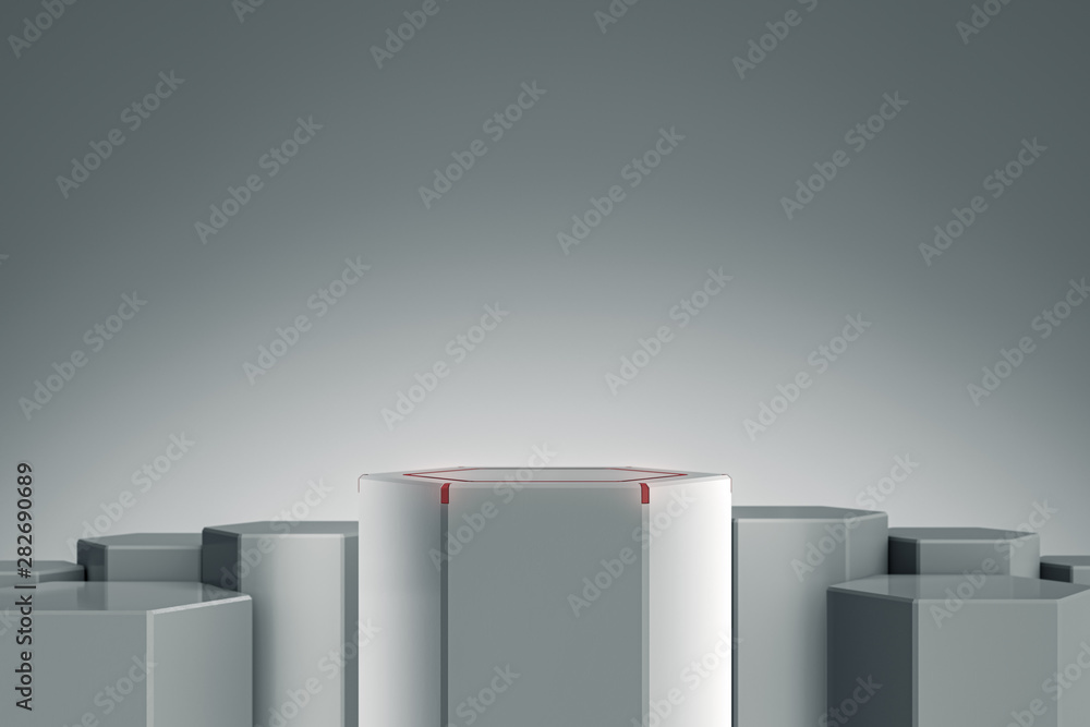 Elegant Blank product stand with light and glow. Hexagon platform for design. Pedestal for display. Futuristic concept background. 3D rendering Elegant Blank product stand with light and glow. Hexagon platform for design. Pedestal for display. Futuristic concept background. 3D rendering