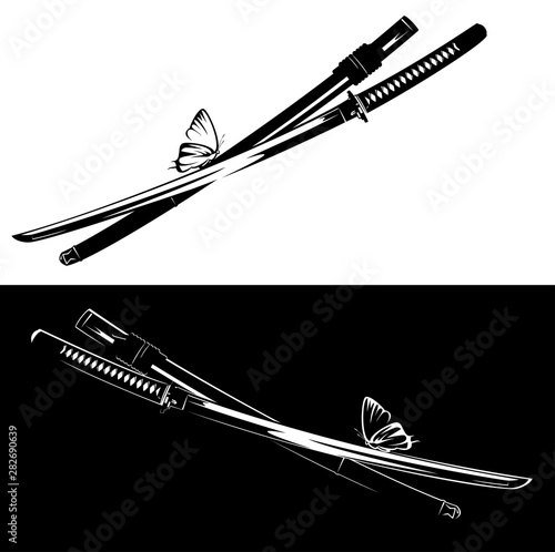 traditional samurai katana sword with butterfly sitting on the blade - peaceful warrior concept black and white vector design