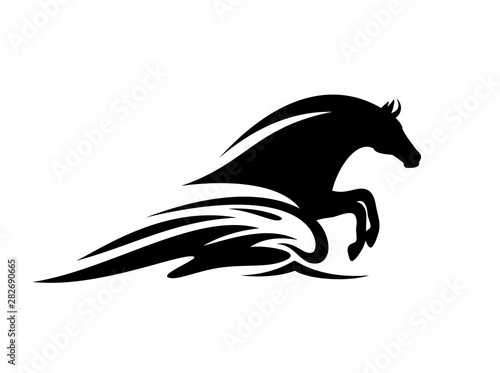 mythical sea horse jumping in ocean wave - black and white aquatic stallion vector silhouette design