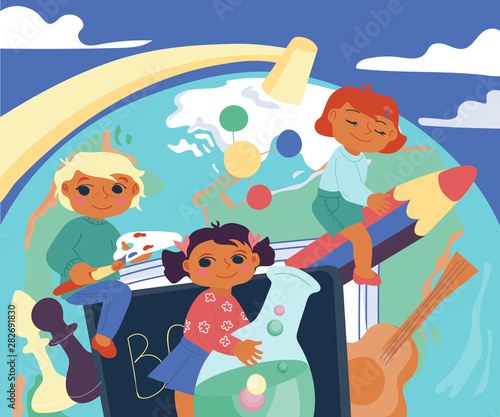 Back to school banner with school pupil and education items vector illustration.