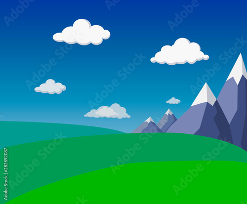 natural flat summer green landscape with mountains, green hills, fields, bright blue sky and fluffy clouds. stylized landscape with simple mountains. village green fields background. seasonal banner
