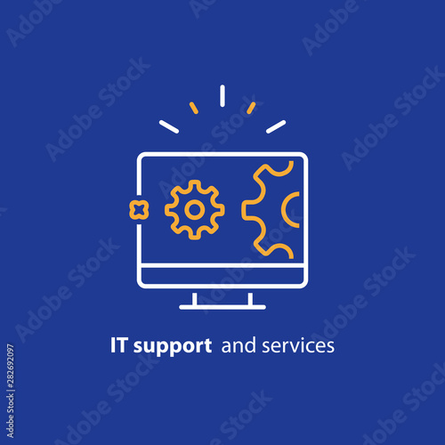 Computer upgrade, system update, software installation, repair services, IT support line icon