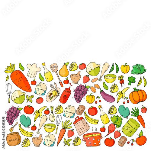 Fototapeta Naklejka Na Ścianę i Meble -  Healthy food and cooking. Fruits, vegetables, household. Doodle vector set.