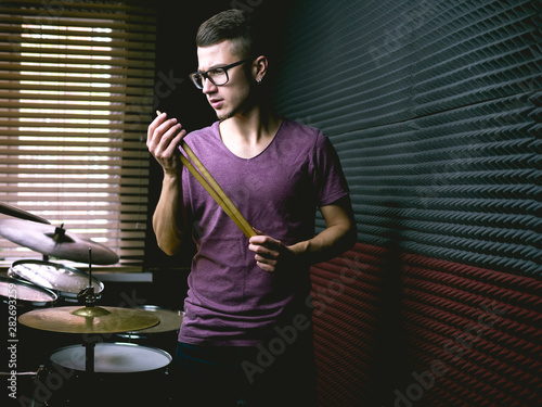 Drummer in recording studio