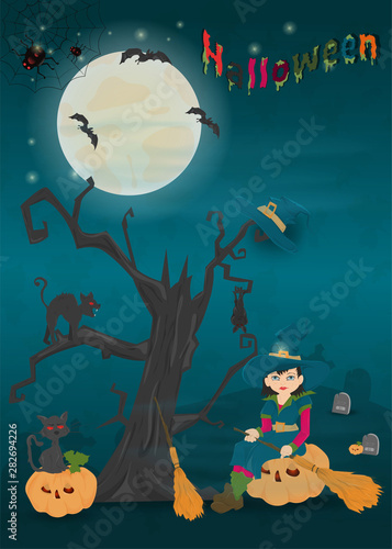 childrens 14 illustration of all saints eve holiday, Halloween, night dark blue background with moon and scary tree