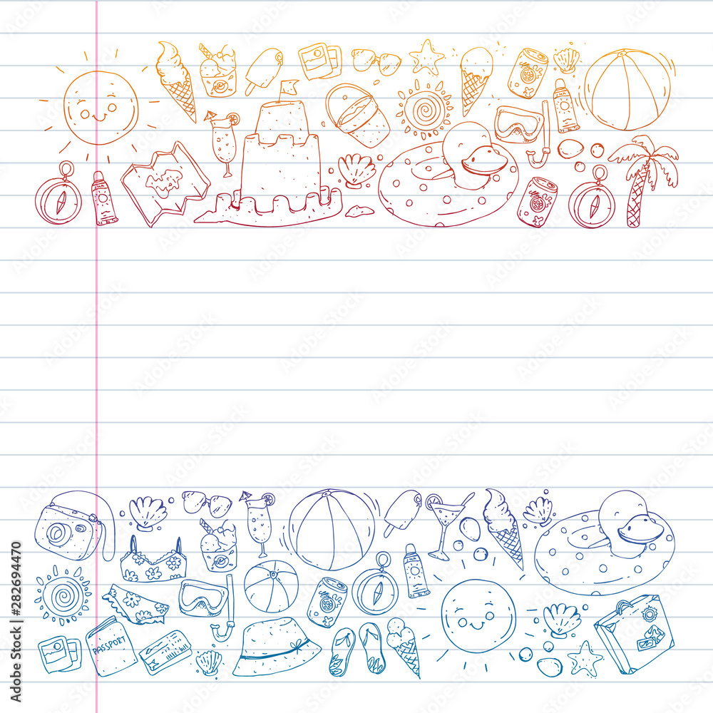 Vector pattern with travel and beach icons. Vector pattern with travel and beach icons.