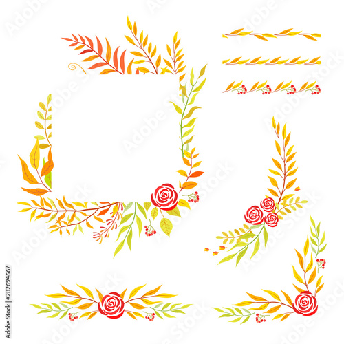 Herbal mix vector frame. Hand painted plants  branches and leaves on white background. Natural fall card design.