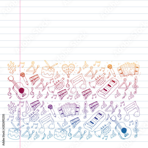 Music background for patterns. Vector illustration with musical instruments.