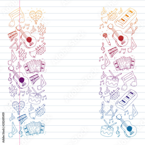 Music background for patterns. Vector illustration with musical instruments.