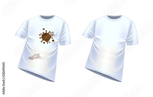 White t-shirt with spots of dirt, vector illustration. Clean and dirty t-shirt