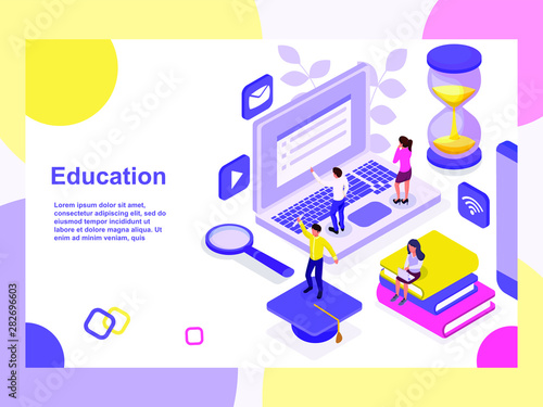 Online training, obtaining a diploma and certificate. People take the exam on the Internet. Reading books, testing on time. Сourses illustration vector infographics design isometric flat style.