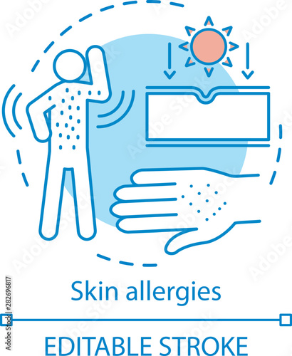 Skin allergies concept icon. Rash, contact dermatitis, hives idea thin line illustration. Sunlight, food, medication, insect bites allergic reaction. Vector isolated outline drawing. Editable stroke