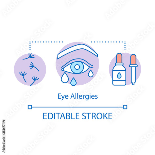 Eye allergies concept icon. Airborne allergic diseases idea thin line illustration. Seasonal spring, summer pollen allergy symptom. Watering eye. Vector isolated outline drawing. Editable stroke