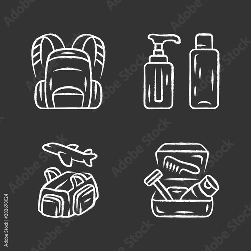 Travel accessories chalk icons set. Backpack,carry on duffel bag, reusable containers. Flight, travelling bag, toiletry case, container. Tourism equipment. Isolated vector chalkboard illustrations