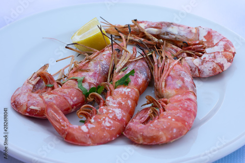 Large grilled shrimps on round white plate with cutted lemon and chopped parsley. Delicious fresh prepared seafood