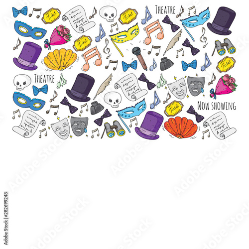 Theatre vector illustration. Entertaiment, cinema, stage, event. Background for banners, posters.